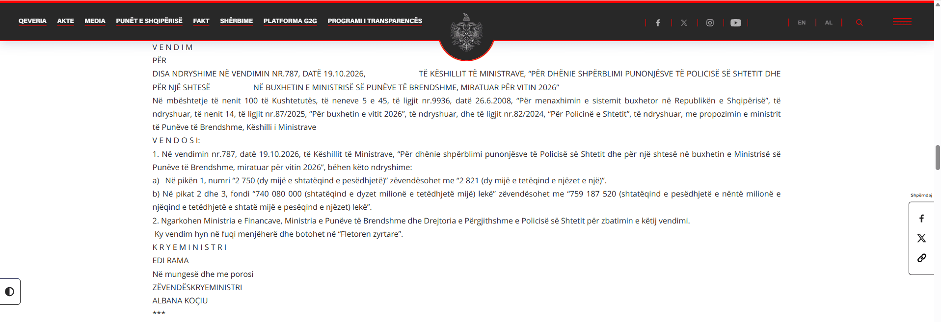 Qeveria rrit shpërblimin e policëve dhe numrin e përfituesve brenda 48 orëve